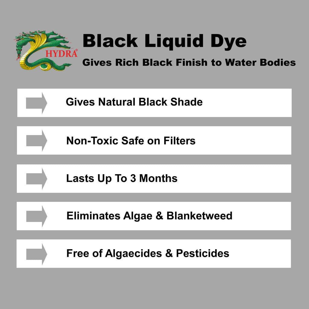 HYDRA BLACK LIQUID DYE 250ml treats UpTo 1063 litres Concentrated Liquid Pond Dye Free of Pesticides, Algaecides Safe for pets fish plants