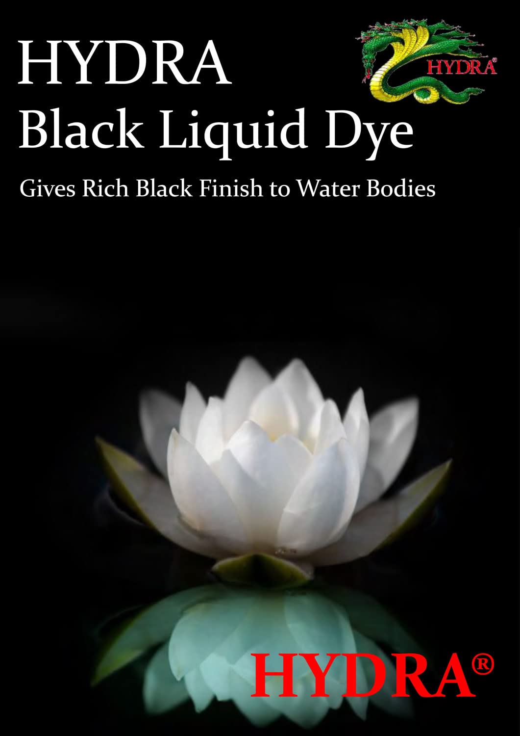 HYDRA BLACK LIQUID DYE 500ml treats UpTo 2125 litres - Pond and Lake Dye Highly Reflective Mirror Finish