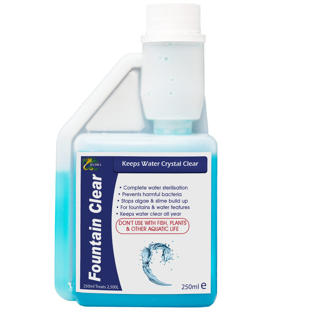 Hydra Fountain Clear Water Feature Cleaning, 250ml Treats 7,500L Highest Dilution Rates, Fountain Cleaner Treatment Keeps Water Crystal Clear from Algae, Green Water, Biofilm Build-up