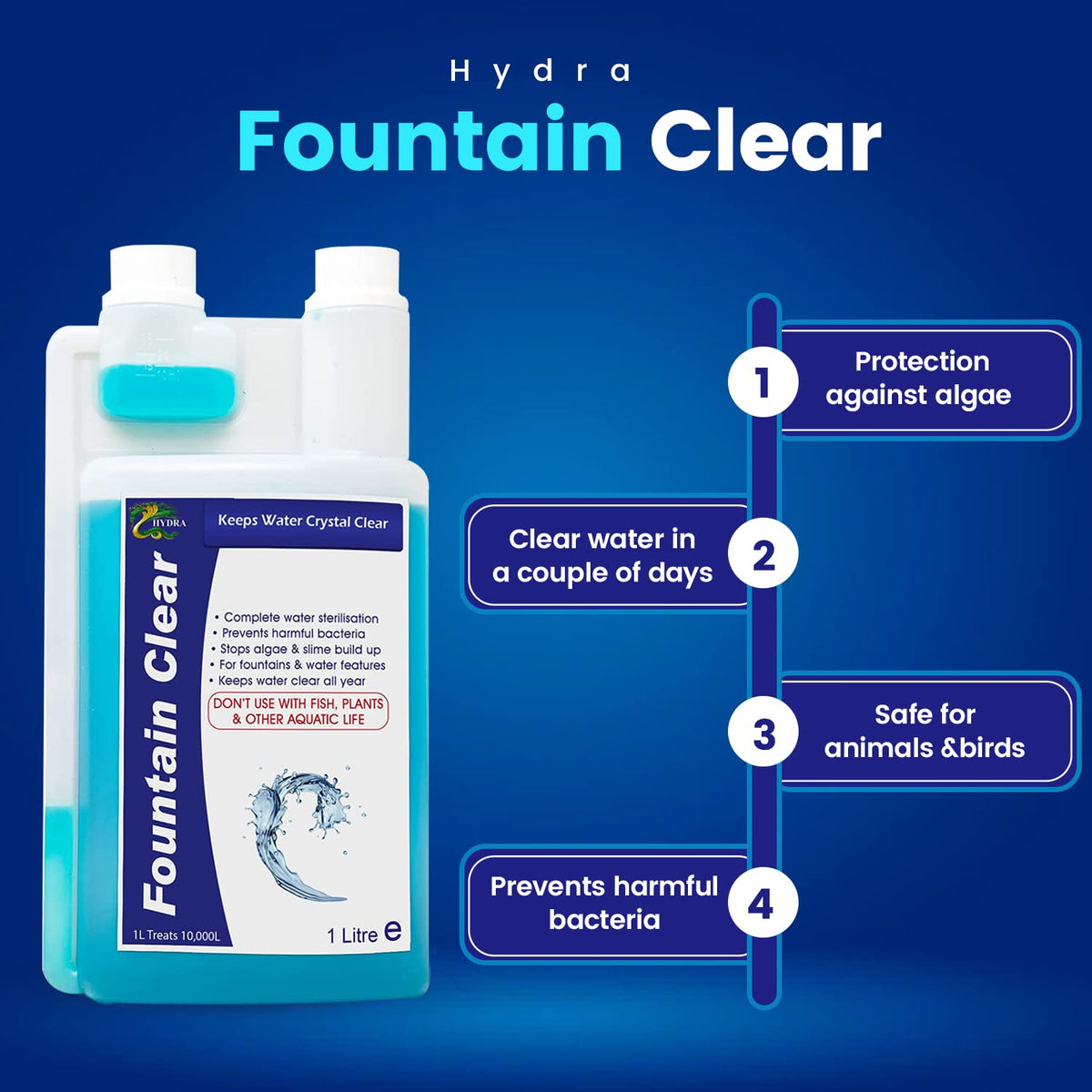 Hydra Fountain Clear Water Feature Cleaning, 1L Treats 30,000L Highest Dilution Rates, Fountain Cleaner Treatment Keeps Water Crystal Clear from Algae, Green Water, Biofilm Build-up