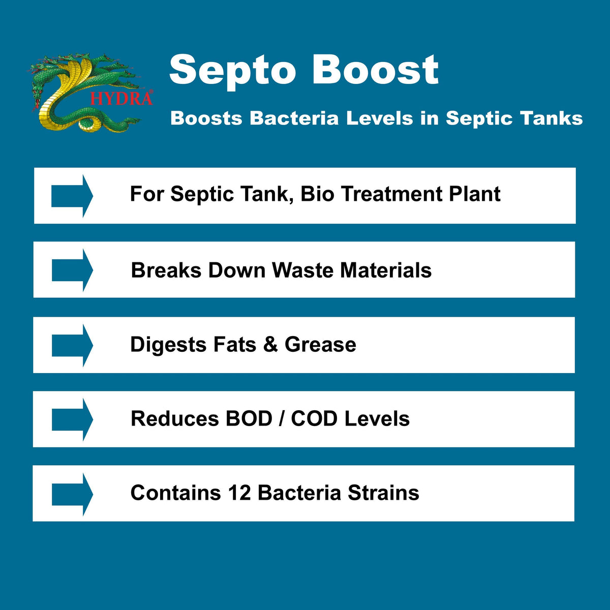 Hydra Septo Boost - Bacteria for Septic Tank Boost & Treatment | Biological Bacteria and Enzyme Cleaner for Septic Tanks | 6 Months Supply
