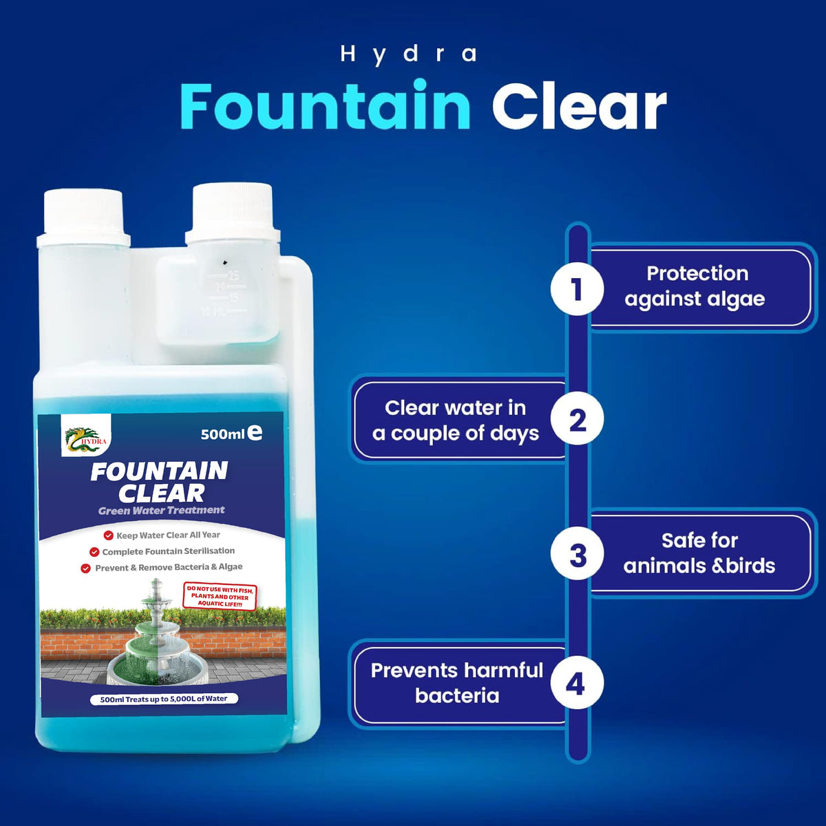 Hydra Fountain Clear Water Feature Cleaner | 1L Treats 30,000L Highest Dilution Rates - Water Feature Treatment Keeps Water Crystal Clear from Algae, Cleans Water & Biofilm Build-up