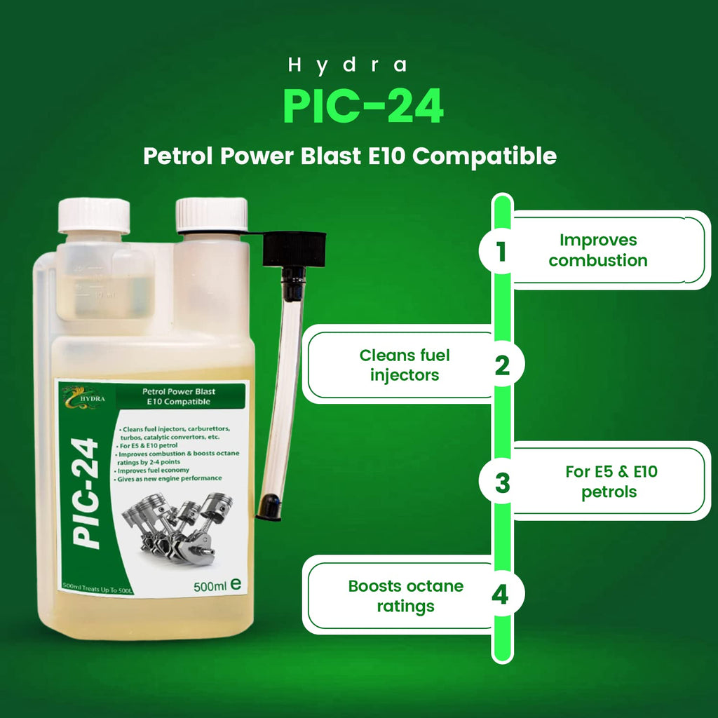 Hydra PIC-24 Petrol Injector Cleaner and Carb Cleaner Additive, 500ml Treats 500 litres, With Petrol Cleaner you get more Petrol Power with Octane Booster Removes Deposits Improves Combustion