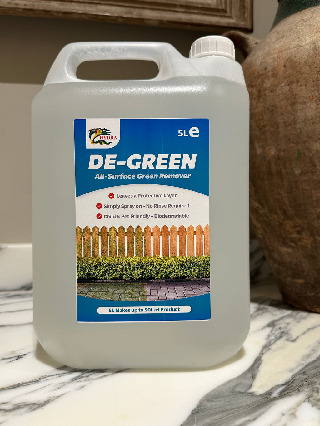Hydra De-Green - Removes Algae, Moss, Green Fungus & Mould from Hard & Soft Surfaces | Patio, Driveway & Fence Cleaner | 5L