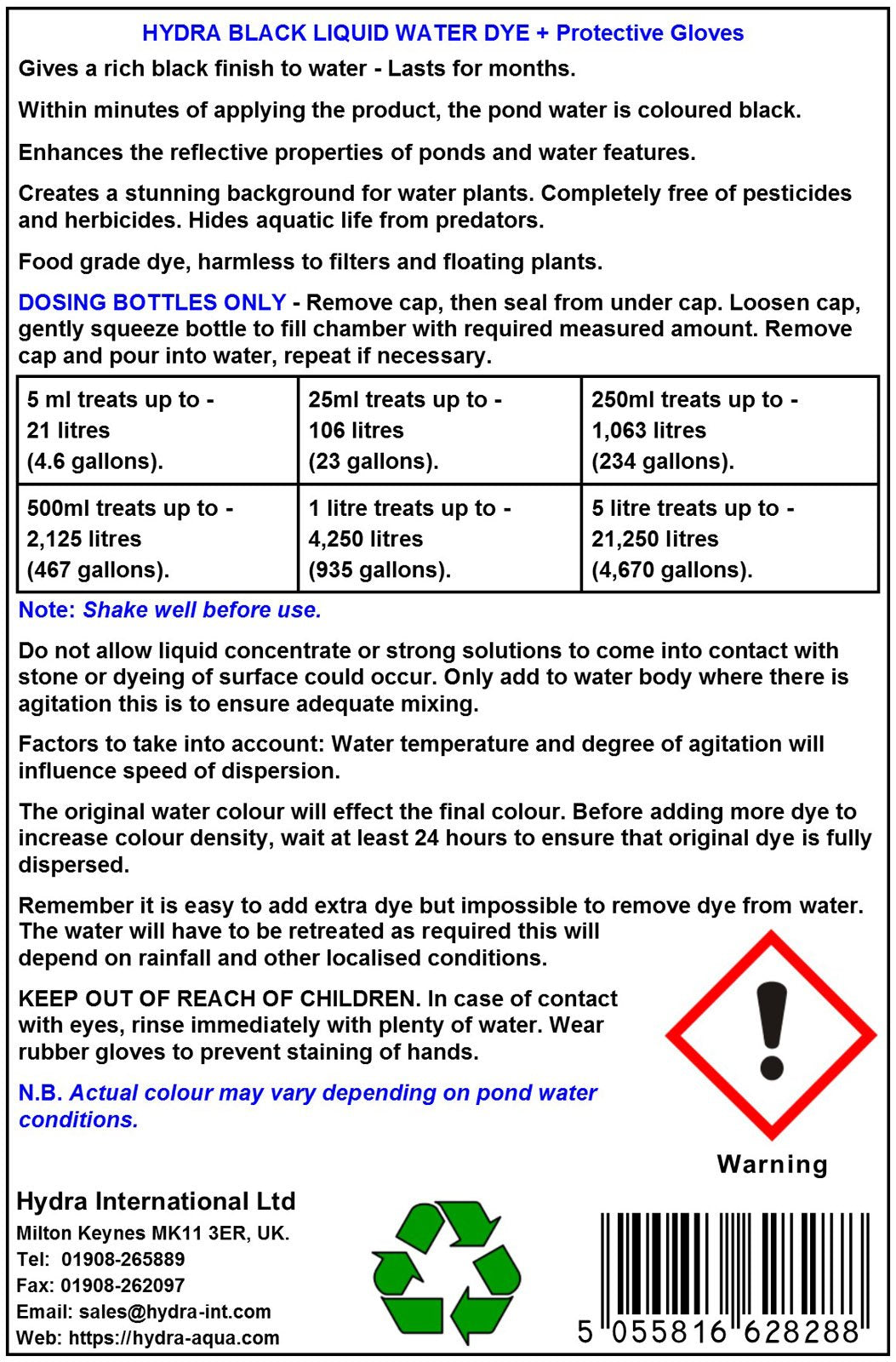 HYDRA BLACK LIQUID DYE 500ml treats UpTo 2125 litres - Pond and Lake Dye Highly Reflective Mirror Finish
