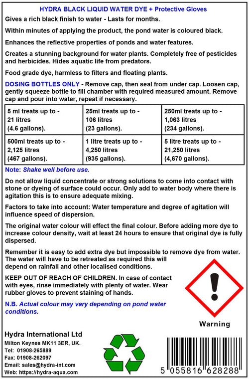 HYDRA BLACK LIQUID DYE 500ml treats UpTo 2125 litres - Pond and Lake Dye Highly Reflective Mirror Finish