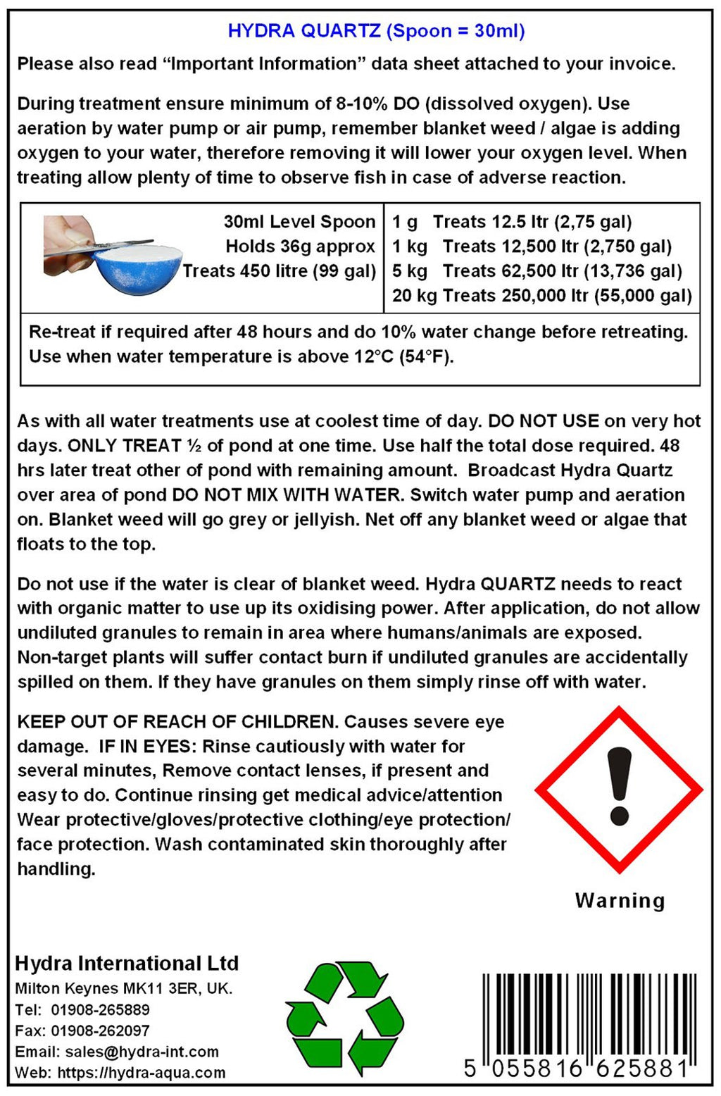 HYDRA Quartz Blanket Weed Pond Treatment - Blanket Weed Killer for Ponds | Removes Harmful Ammonia from Water | 1 Kg Treats Up to 12,500 Liters