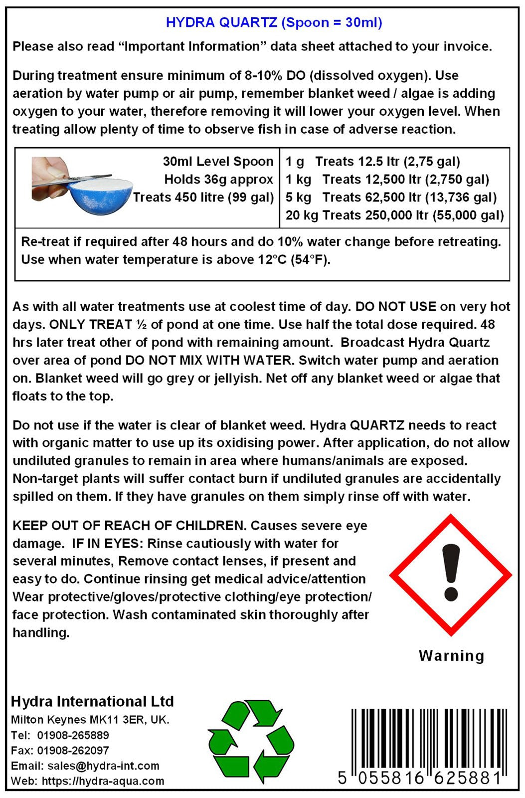 HYDRA Quartz Blanket Weed Pond Treatment - Blanket Weed Killer for Ponds | Removes Harmful Ammonia from Water | 1 Kg Treats Up to 12,500 Liters