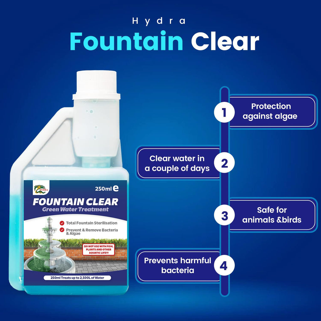 Hydra Fountain Clear Water Feature Cleaner | 250ml Treats 7,500L Highest Dilution Rates - Water Feature Treatment Keeps Water Crystal Clear from Algae, Cleans Water & Biofilm Build-up