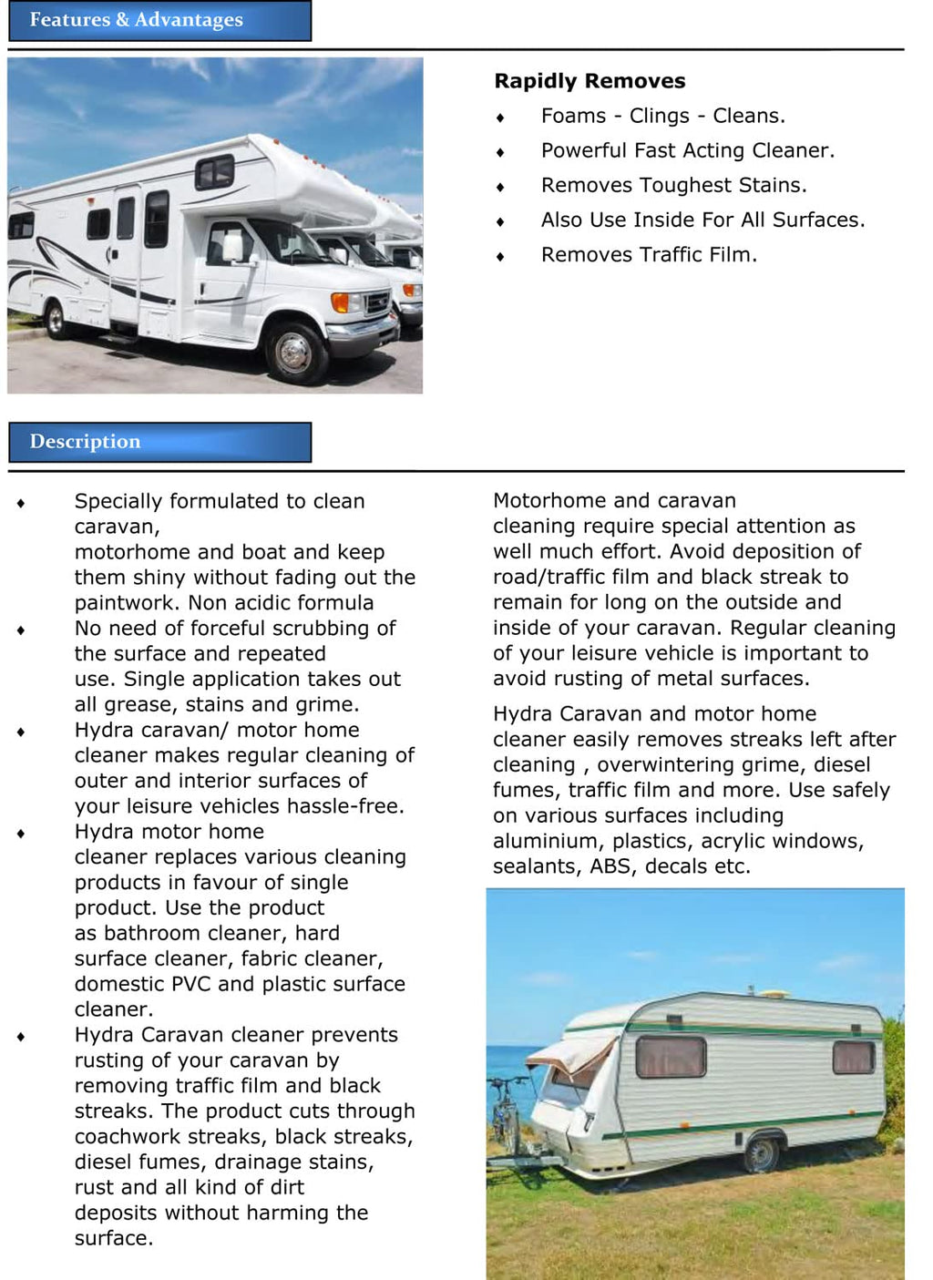 HYDRA CARAVAN CLEANER 1L Removes Diesel Fumes, Road and Traffic Film RVs and Campers Trailers