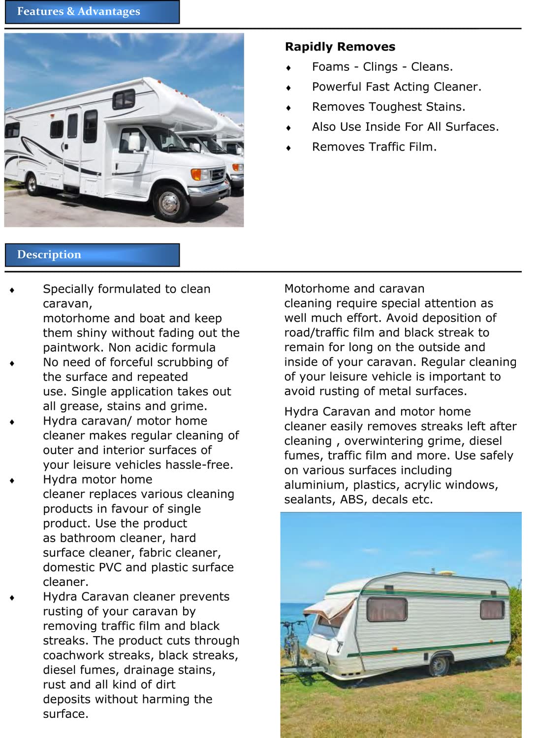 HYDRA CARAVAN CLEANER 1L Removes Diesel Fumes, Road and Traffic Film RVs and Campers Trailers