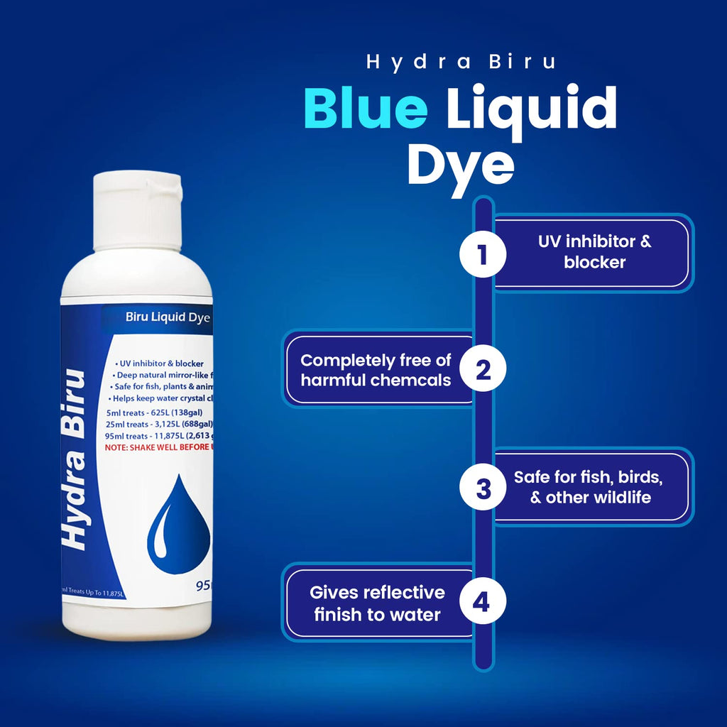 HYDRA LIQUID BLUE DYE 95ml Treats upto 11,875L Concentrated Liquid Dye Safe for Use in Ponds, Fountains & Water features