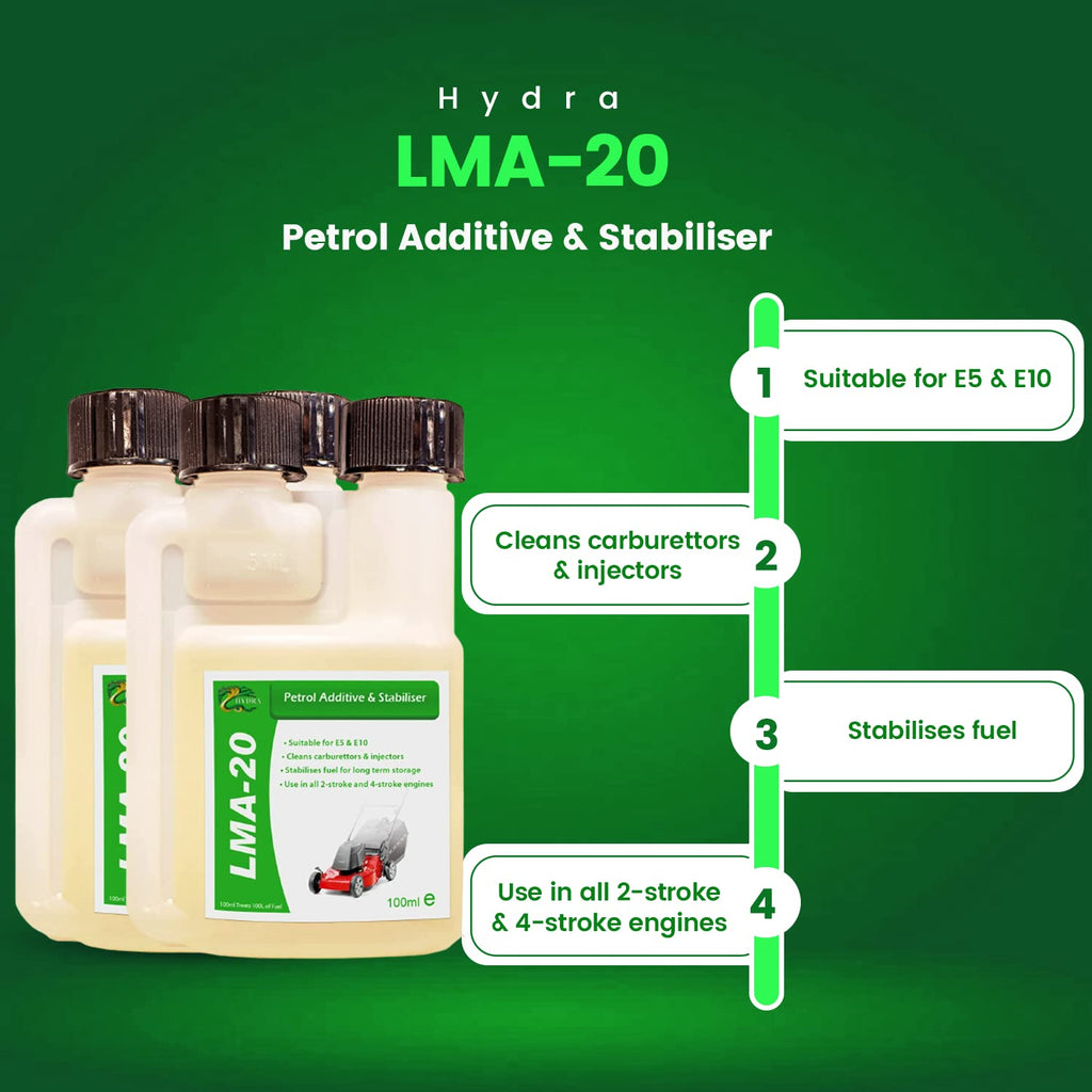 HYDRA LMA-20 100mlx2 Fuel Fit Petrol Injector Cleaner Additive & Stabiliser for all 2-Stroke and 4-Stroke Engines