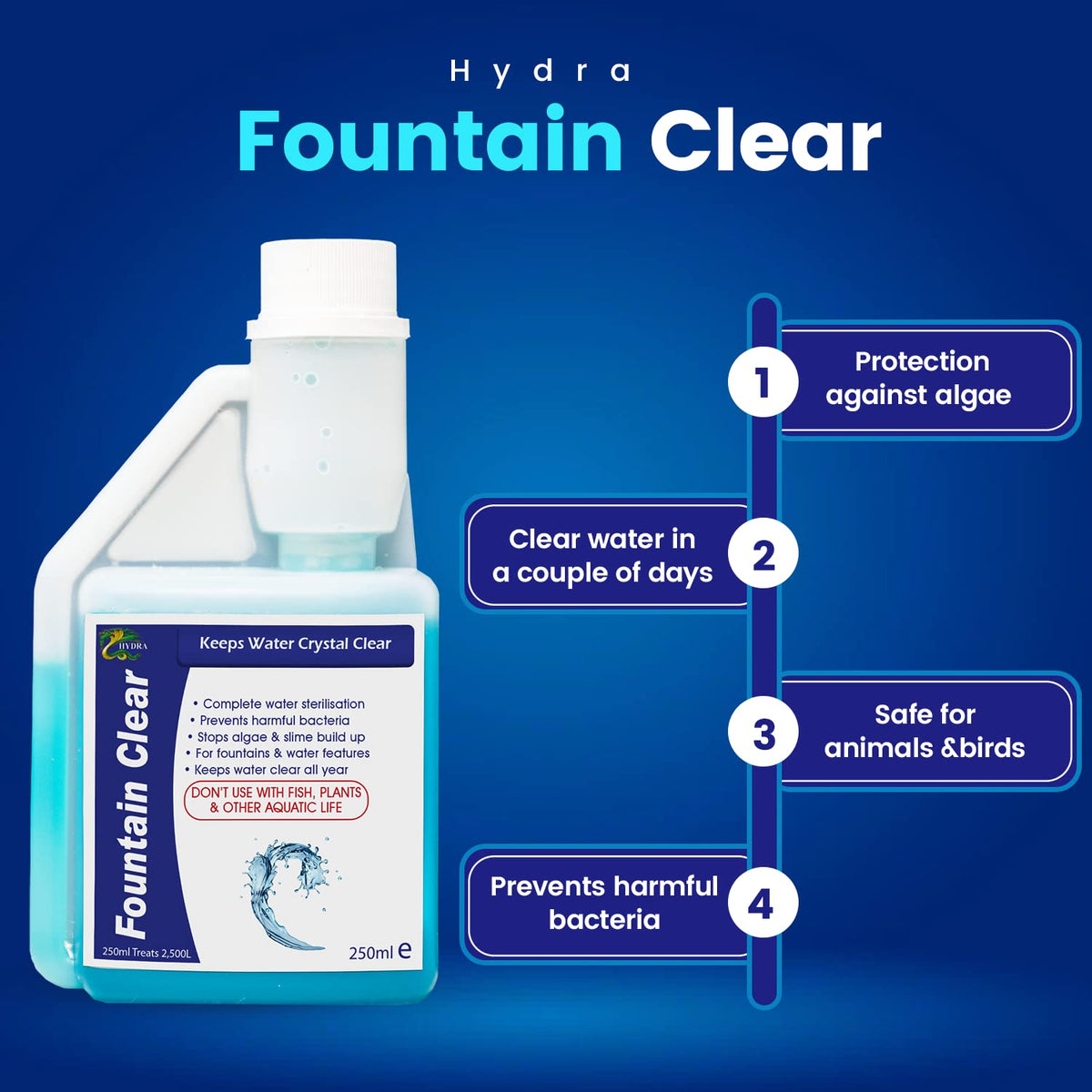 Hydra Fountain Clear Water Feature Cleaning, 250ml Treats 7,500L Highest Dilution Rates, Fountain Cleaner Treatment Keeps Water Crystal Clear from Algae, Green Water, Biofilm Build-up