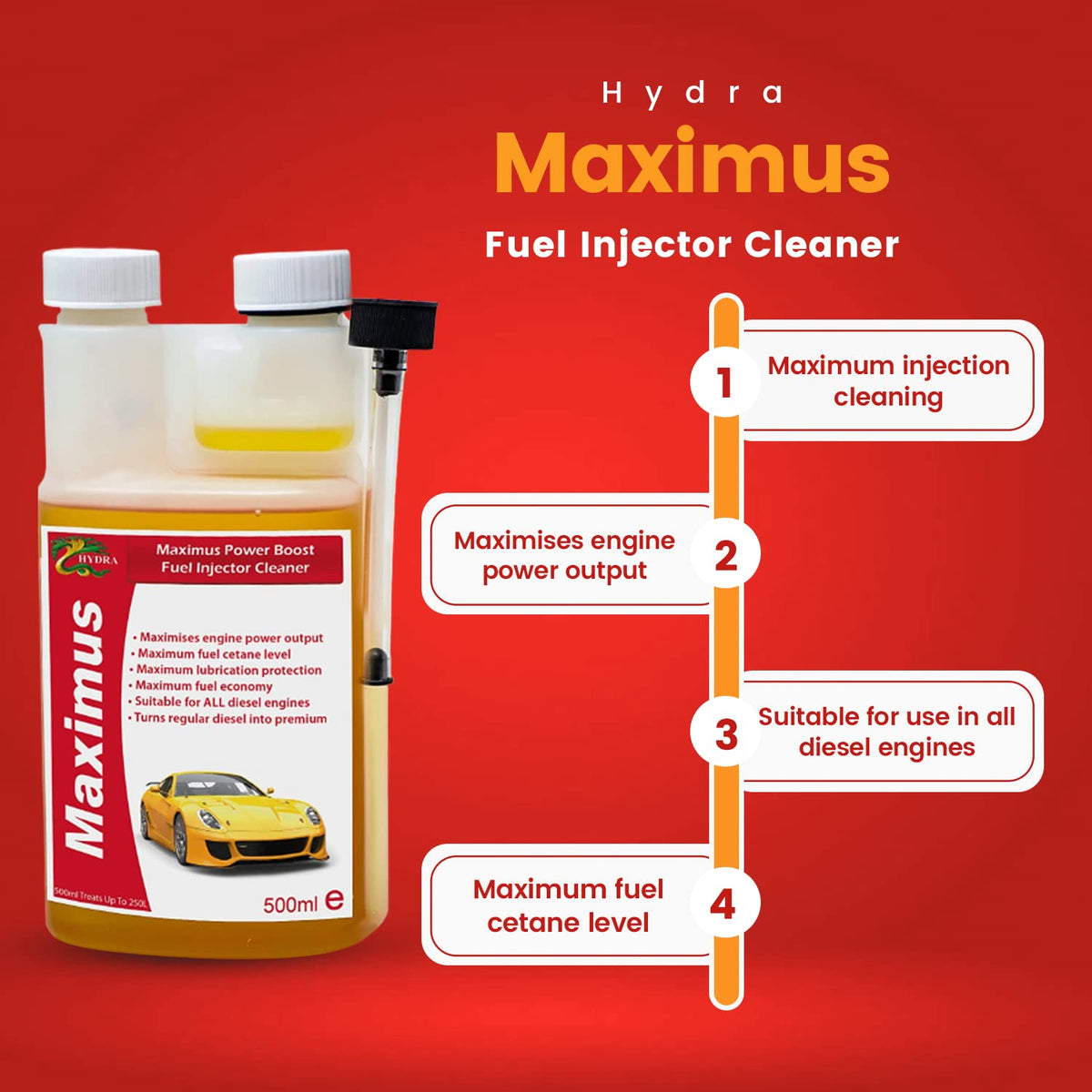HYDRA MAXIMUS fuel injector cleaner, 1 Litre treats Up To 500 L, for cleaning diesel injectors performance enhancing diesel turbo cleaner additive for diesel fuel EGR valve cleaner diesel engines