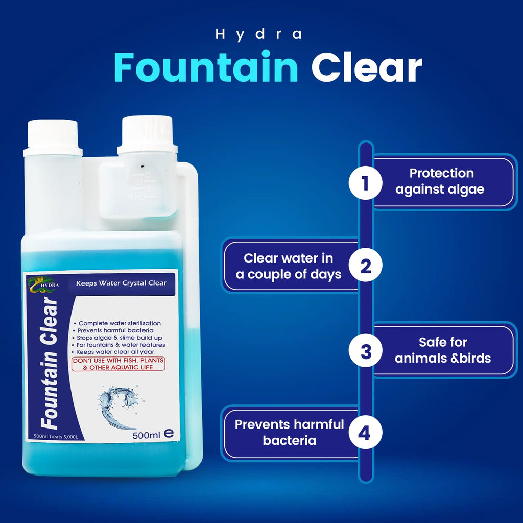 Hydra Fountain Clear Water Feature Cleaning, 2x500ml Treats 30,000L Highest Dilution Rates, Fountain Cleaner Treatment Keeps Water Crystal Clear from Algae, Green Water, Biofilm Build-up