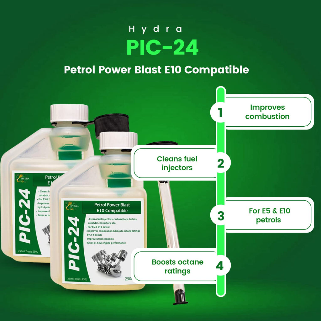 Hydra PIC-24 Petrol Injector Cleaner and Carb Cleaner Additive, 2x250ml Treats 500 litres, With Petrol Cleaner you get more Petrol Power with Octane Booster Removes Deposits Improves Combustion