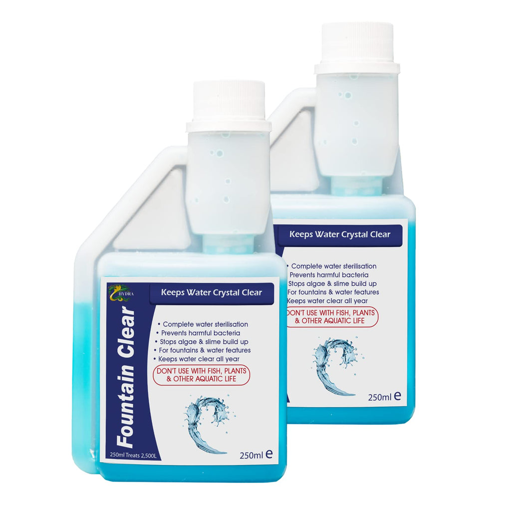 Hydra Fountain Clear Water Feature Cleaning, 2x250ml Treats 15,000L Highest Dilution Rates, Fountain Cleaner Treatment Keeps Water Crystal Clear from Algae, Green Water, Biofilm Build-up