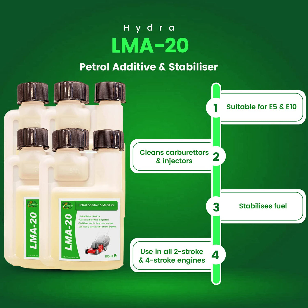 HYDRA LMA-20 100mlx4 Fuel Fit Petrol Injector Cleaner Additive & Stabiliser for all 2-Stroke and 4-Stroke Engines