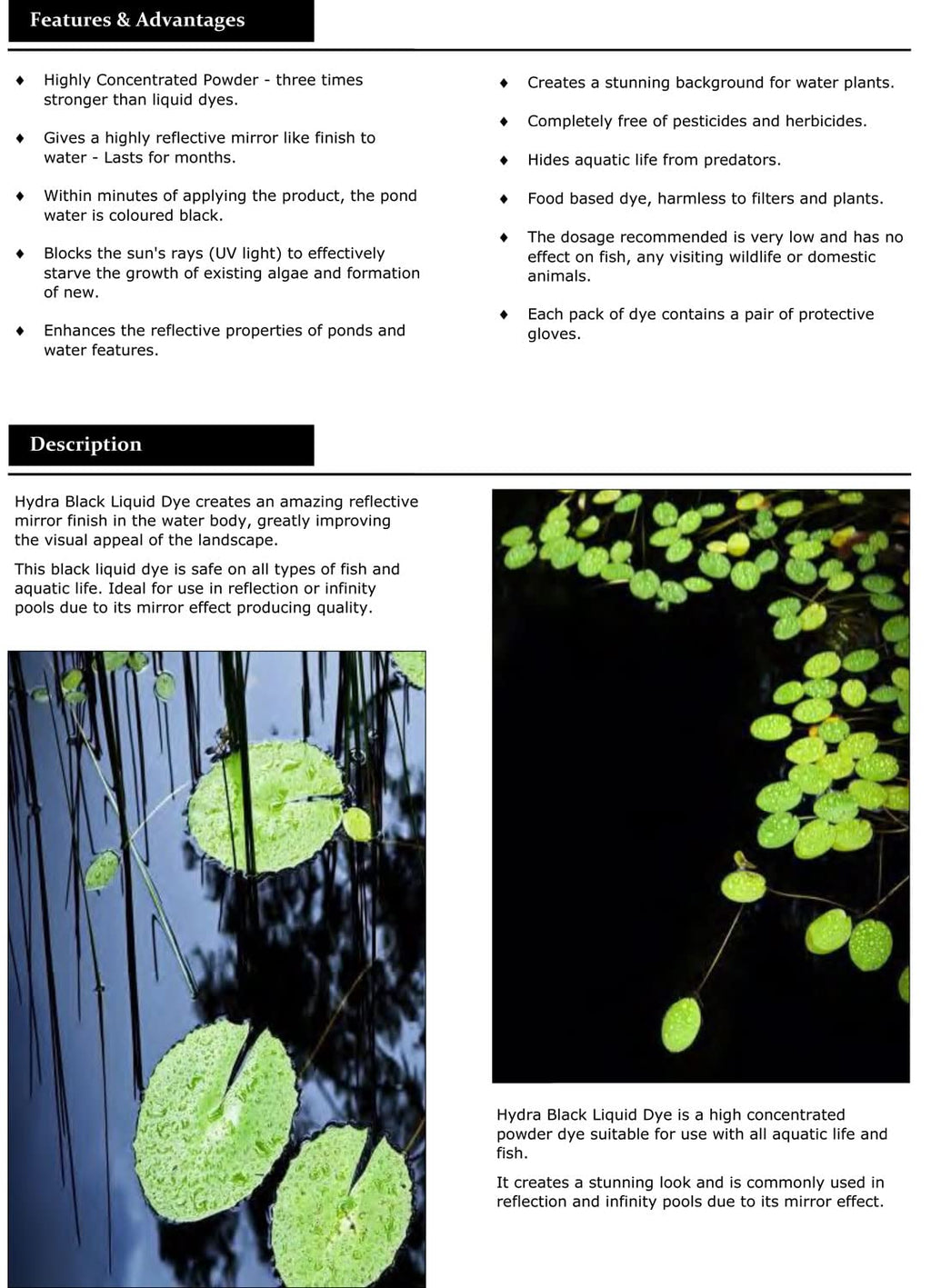 HYDRA BLACK LIQUID DYE 250ml treats UpTo 1063 litres Concentrated Liquid Pond Dye Free of Pesticides, Algaecides Safe for pets fish plants