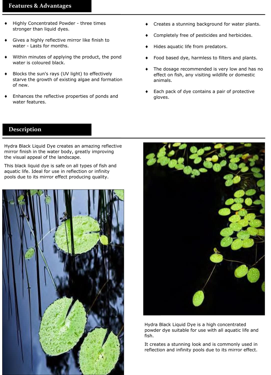 HYDRA BLACK LIQUID DYE 250ml treats UpTo 1063 litres Concentrated Liquid Pond Dye Free of Pesticides, Algaecides Safe for pets fish plants