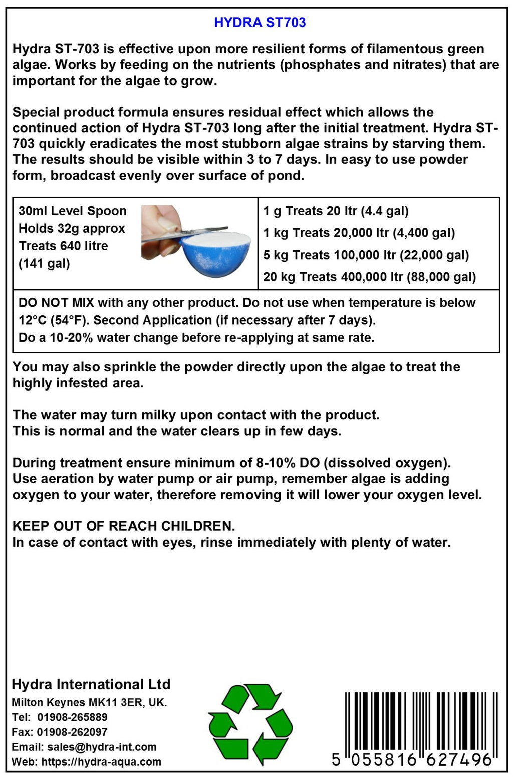 HYDRA Pond Algae Control ST703 1KG Treats up to 20,000 LITRES - Resistant Filamentous Algae Control Treatment