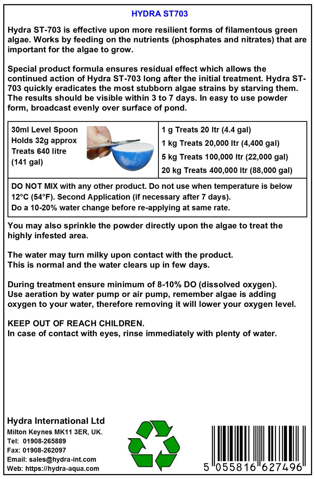 HYDRA Pond Algae Control ST703 1KG Treats up to 20,000 LITRES - Resistant Filamentous Algae Control Treatment