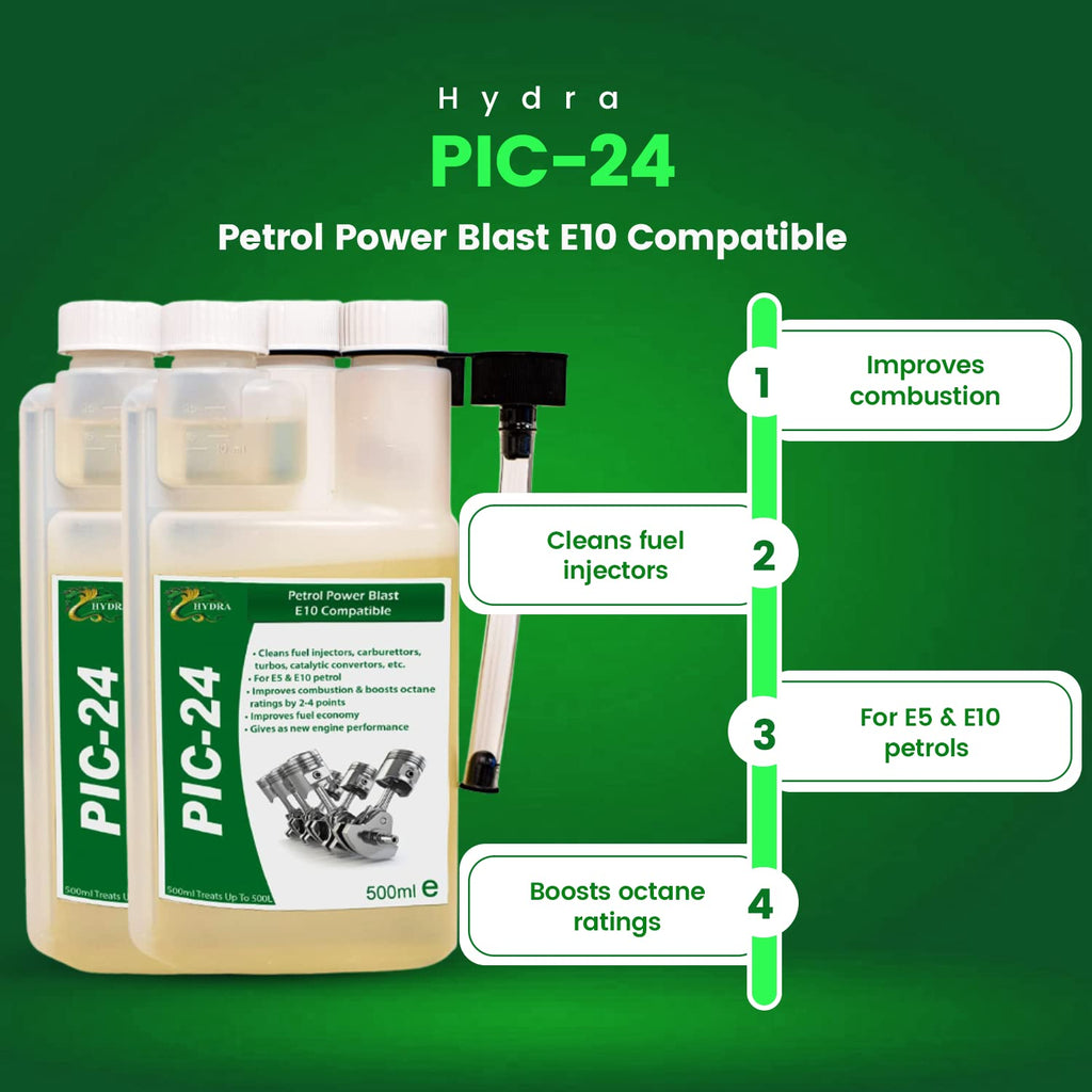 Hydra PIC-24 Petrol Injector Cleaner and Carb Cleaner Additive, 2x500ml Treats 1000 litres, With Petrol Cleaner you get more Petrol Power with Octane Booster Removes Deposits Improves Combustion