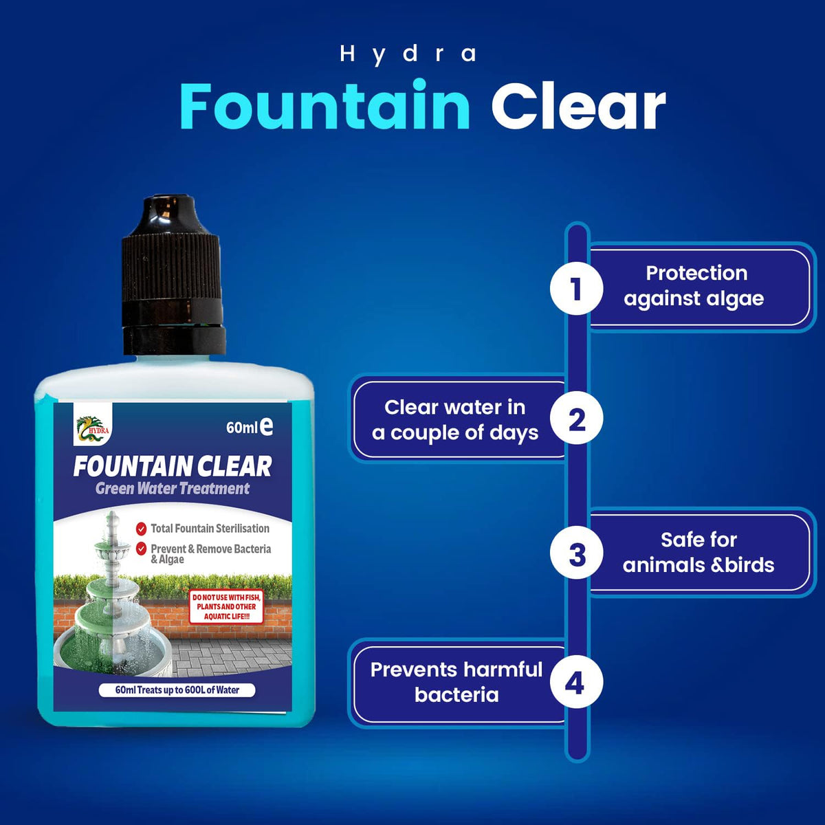 Hydra Fountain Clear Water Feature Cleaner | 60ml Treats 1,800L Highest Dilution Rates - Water Feature Treatment Keeps Water Crystal Clear from Algae, Cleans Water & Biofilm Build-up