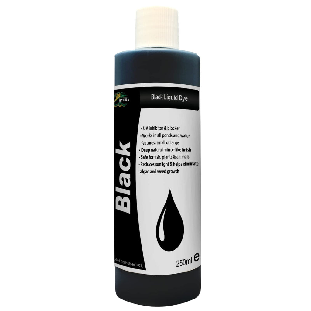 HYDRA BLACK LIQUID DYE 250ml treats UpTo 1063 litres Concentrated Liquid Pond Dye Free of Pesticides, Algaecides Safe for pets fish plants