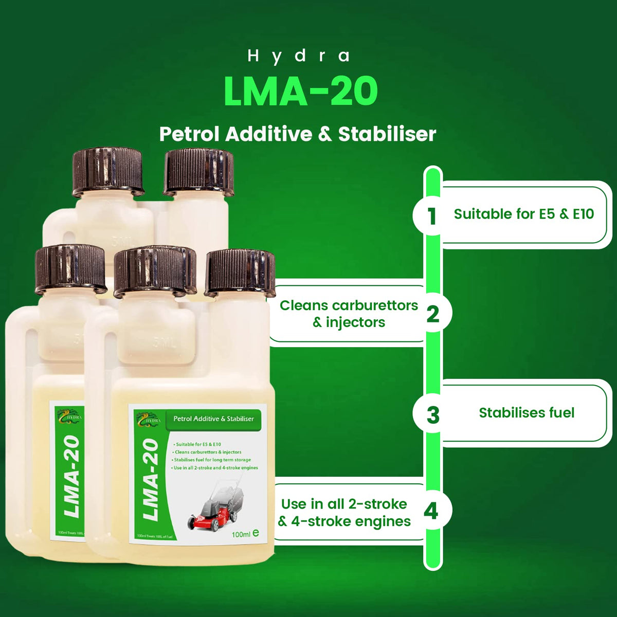 HYDRA LMA-20 100ml x3 Fuel Fit Petrol Injector Cleaner Additive & Stabiliser for all 2-Stroke and 4-Stroke Engines Cost Only 1p per litre treated fuel