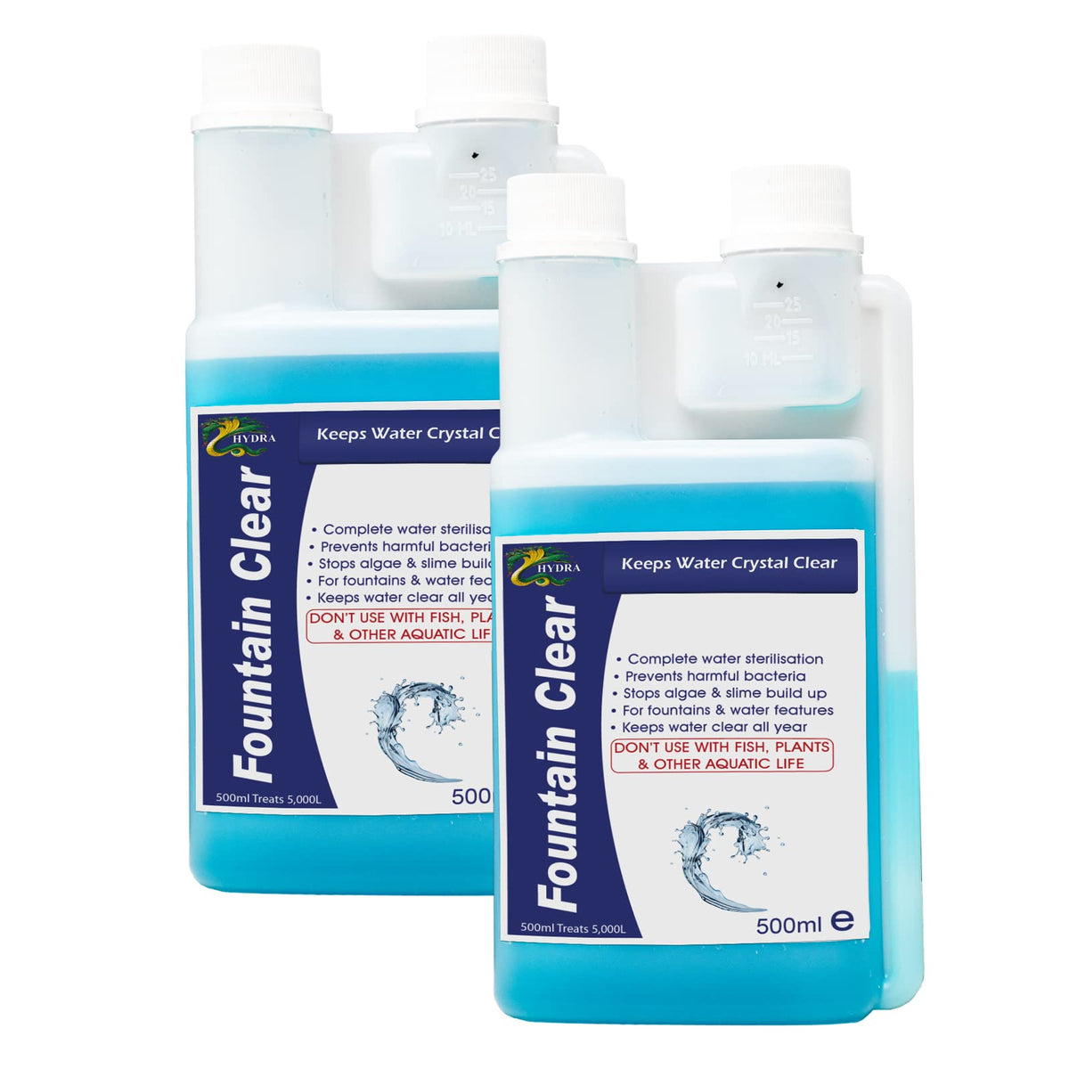 Hydra Fountain Clear Water Feature Cleaning, 2x500ml Treats 30,000L Highest Dilution Rates, Fountain Cleaner Treatment Keeps Water Crystal Clear from Algae, Green Water, Biofilm Build-up